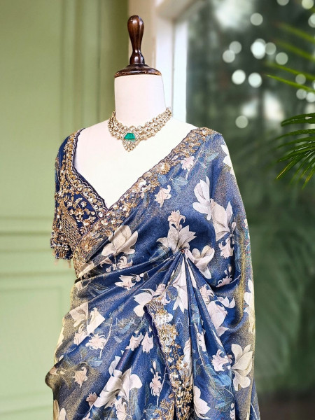 Aarvika Blue Floral Printed Saree with Sequin Zari Blouse