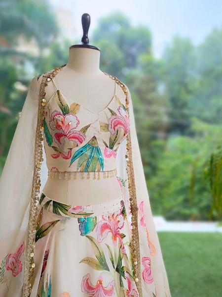 Rang-e-Gul Off-White Floral Indo-Western Lehenga with Sequin Embroidery