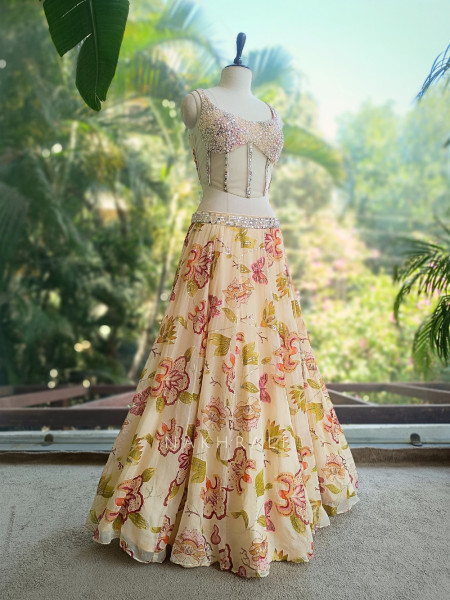 Floral Cream Corset Lehenga with Sequin and Mirror Work