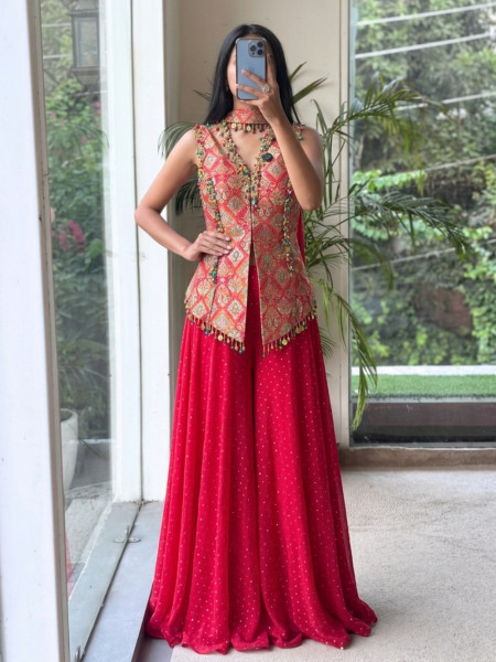 Jashn-e-Malhar Red Brocade Silk Indo-Western Palazzo Set