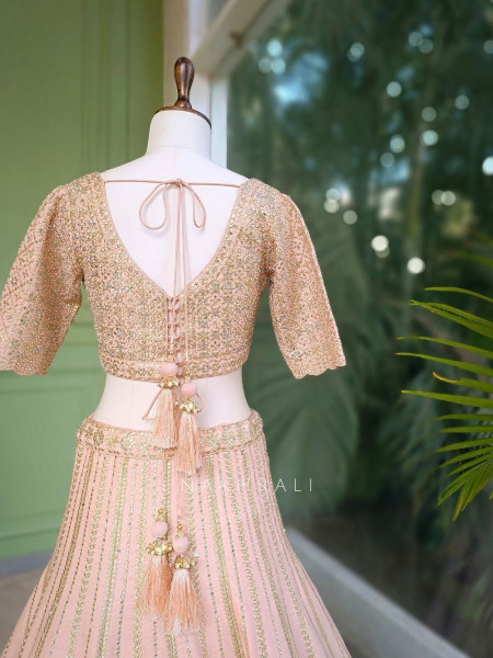 Noor-e-Gulab Peach Silk Lehenga with Gota Patti Zari Sequin Work