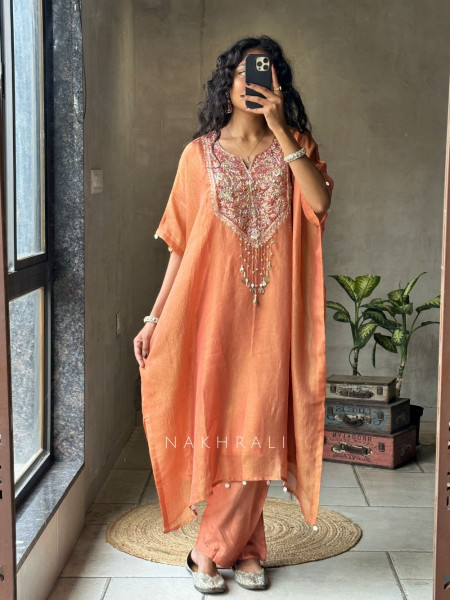 Riyana Orange Kaftan Set with Heavy Embroidered Neckline
