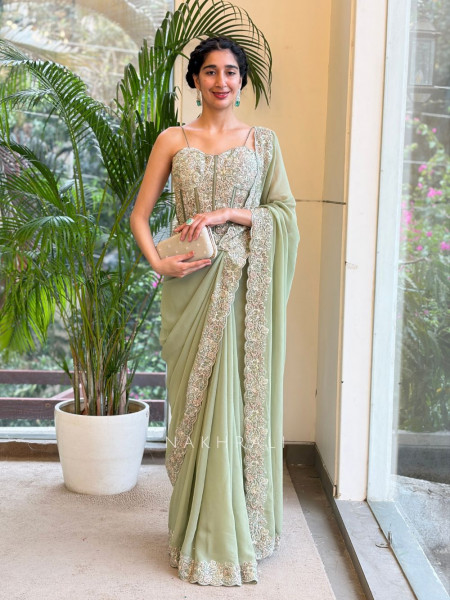 Cirelle Pista Green Saree with Corset Blouse Sequin Cut Dana Work