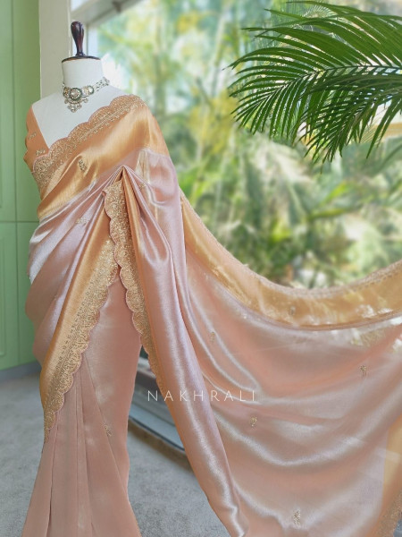 Skylight Peach Zari Weaved Saree with Embroidered Border