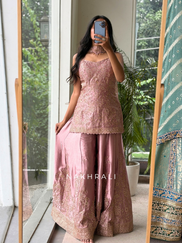 Image of Noor-e-Aura Scalloped Droplet Fusion Pink Plazo Set