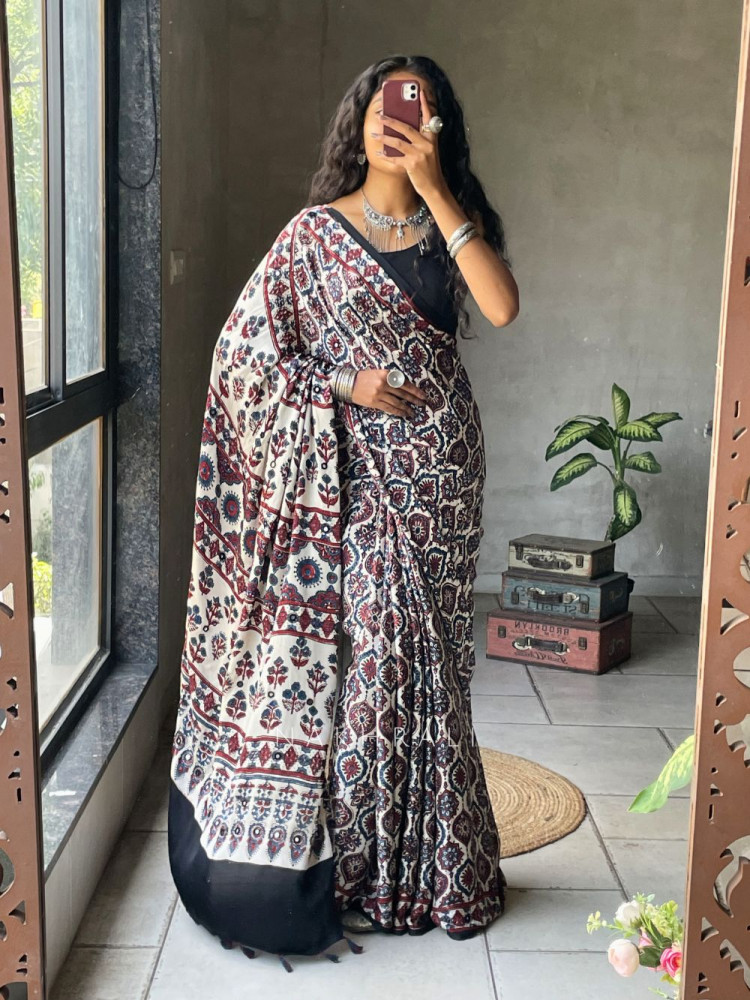 Image of Prabha Cream Modal Saree with Ajrakh Print