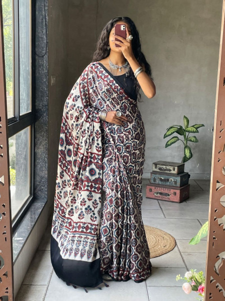 Prabha Cream Modal Saree with Ajrakh Print
