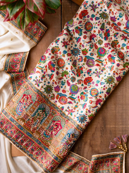 Noorani Cream Dola Silk Dress Material Set with Dabka & Bead Work