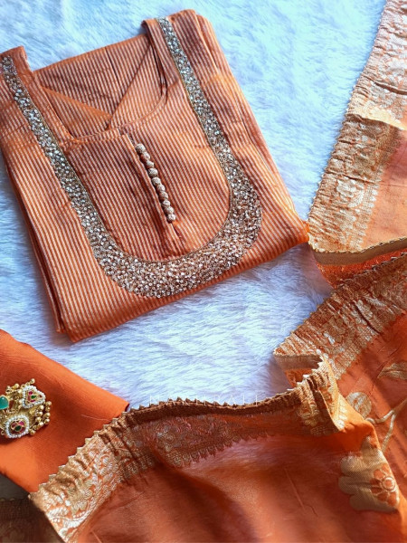 Noorline Glow Orange Semi-stitched Dress Material with Sequin and Cut Dana Work