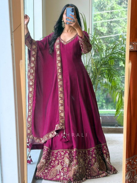 Dastaan Wine Chinon Kalidar Anarkali Set