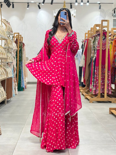 Chitrika Red Bandhani Sharara Suit Set with Mirror & Gota Patti Work