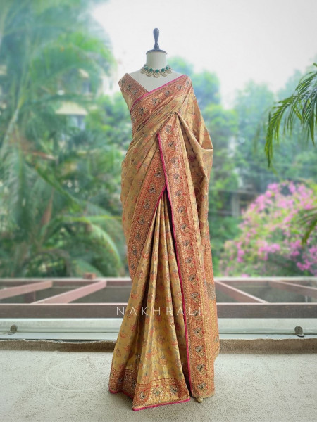 Sharvani Beige Saree With Meenakari Zari, Gota Patti & Zardozi Work