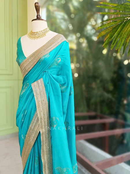 Tavira Rama Saree with Broad Border and Unstitched Blouse Piece