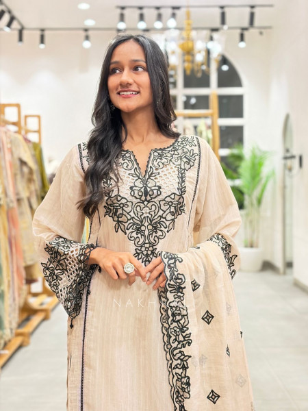 Lunara Beige Cutwork Embroidered Kurta Palazzo Suit Set