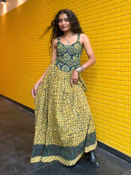 Kaya Diamond-Matrix Cotton Mustard Flared Skirt with Traditional Ethnic Trim