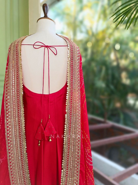 Emerald Red Anarkali Palazzo Set with Bandhej Dupatta and Border Work