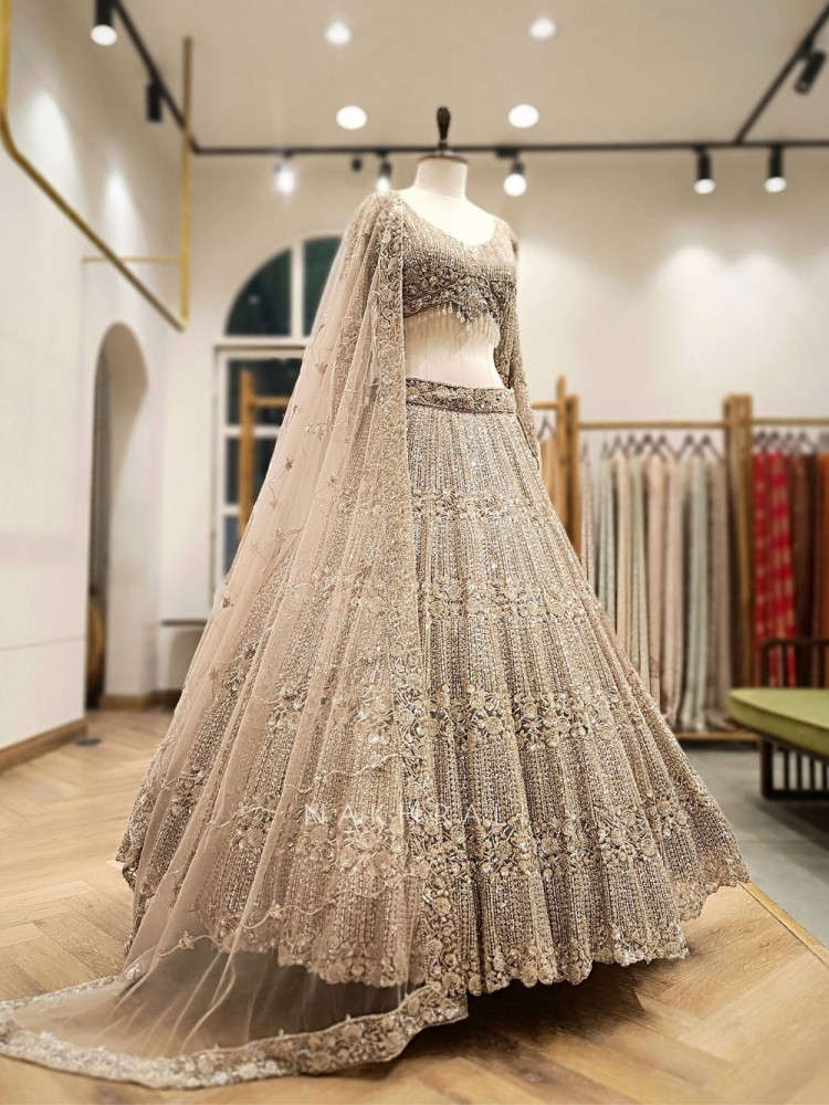 Image of Lavika brown Net Lehenga Set with Detailed Sequin Work