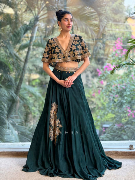 Velisse Green Zari Sequin Indo-Western Lehenga Set