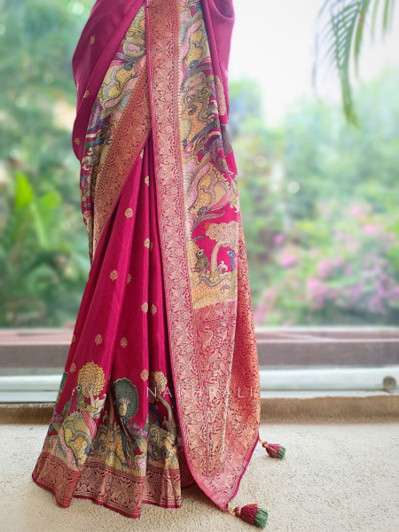 Sarang Wine Saree awith Kalamkari-Inspired Figurative Motifs