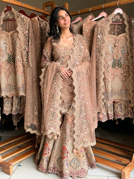 Gilded Heirloom Beige Tulle Net & Satin Silk Sharara Suit Set