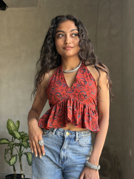 Roselle Frill Maroon Printed Crop Top