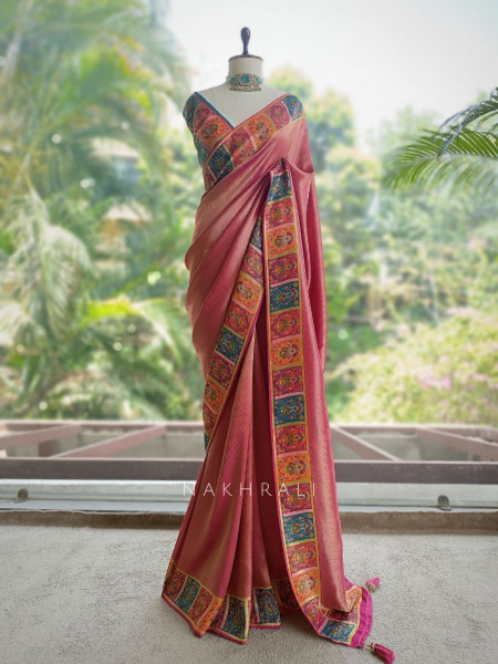 Triyogi Magenta Munga Tussar Soft Metallic Silk Saree with Pichwai Peacock Pallu