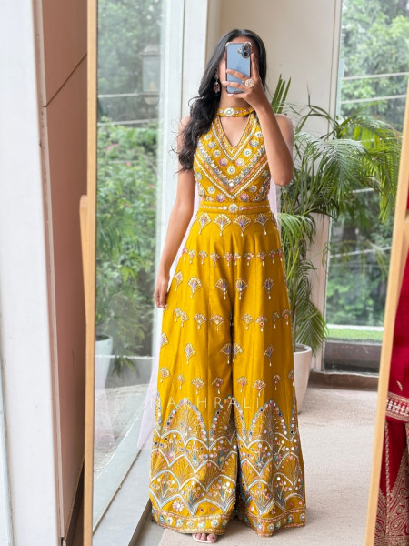 Sunlit Empress  Yellow Silk Blend Indo-Western Jumpsuit
