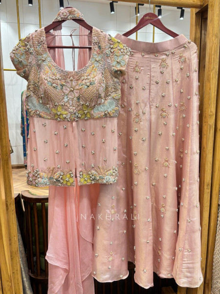 little flower Pink Viscose Georgette Indo Western Sharara Set
