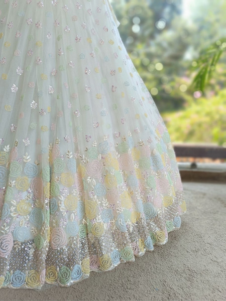 Brinelle Cream Net Lehenga with Floral Cut Dana Work