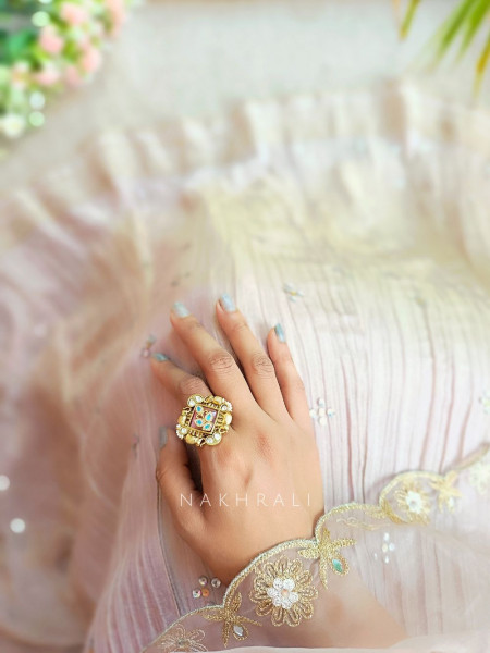 Royal Enamel Pink Square Ring with Kundan & Pearl Detailing