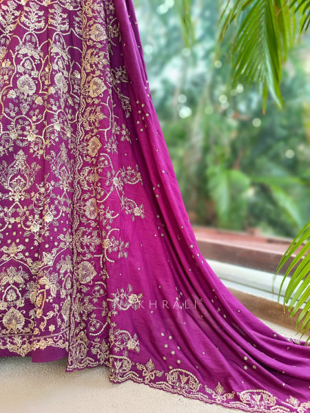 Gulzari Wine Raw Silk Lehenga Set