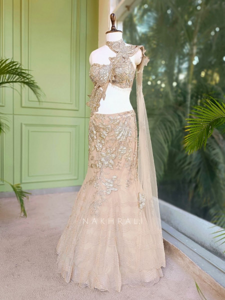 Aurevia Beige Indo-Western Mermaid Lehenga with Sequin and Pearl Work