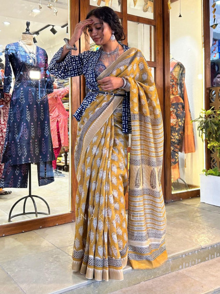 Umang Yellow Block Printed Saree with Traditional Motifs