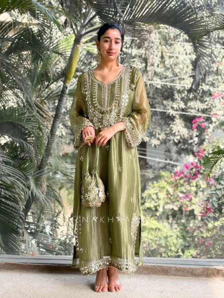 Poise Green Tissue Long Dress with Mirror and Zari Work