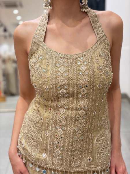 Serene Pista Green Palazzo Set with Mirror Embroidery
