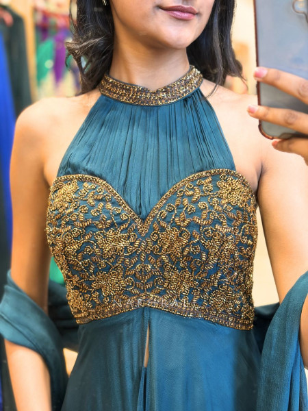 Inaaz Teal Blue Indo Western Set with Cut Dana Work