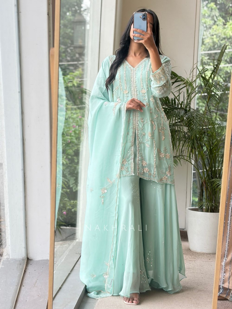 Image of Sorrel Sea Green Organza Georgette Layered Sharara Suit Set