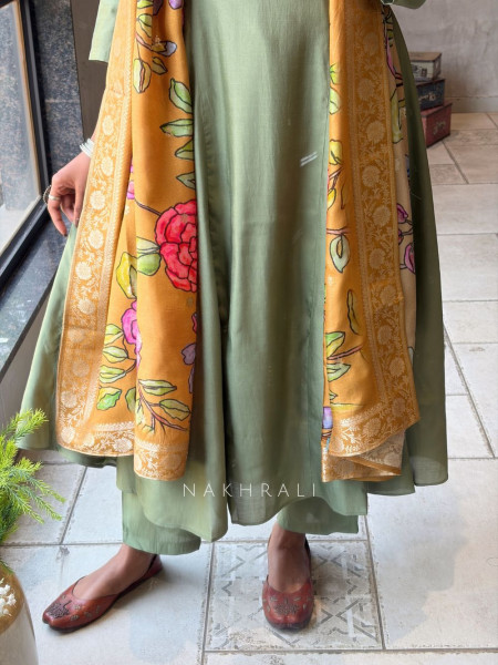 Zyrika Rama Green Anarkali Suit Set with Floral Dupatta