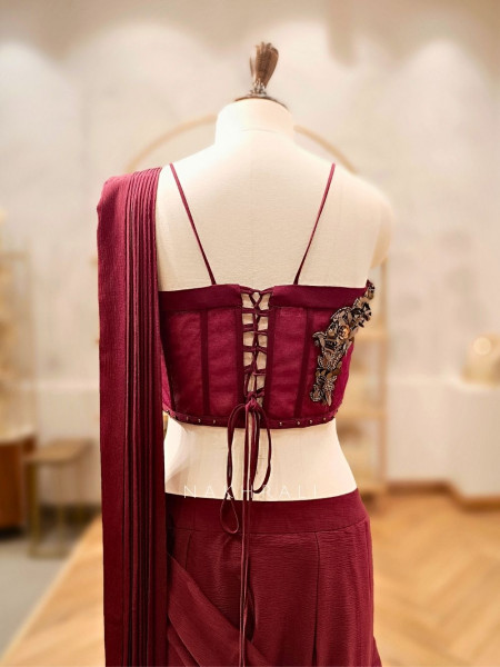 Riyana Maroon Pre-Draped Saree with Corset Blouse