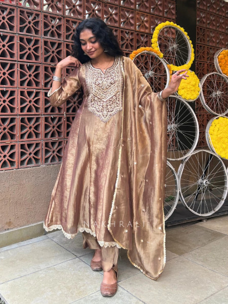CelestialGleam  Beige Tissue Organza Silk Anarkali Suit Set