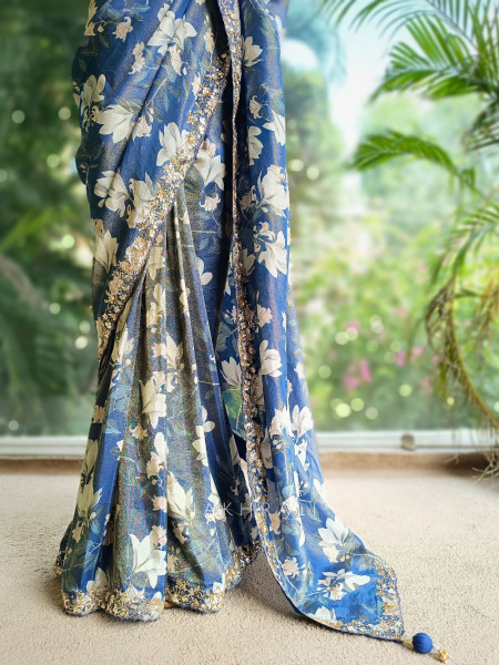 Aarvika Blue Floral Printed Saree with Sequin Zari Blouse