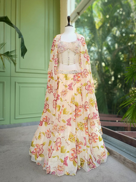 Floral Cream Corset Lehenga with Sequin and Mirror Work