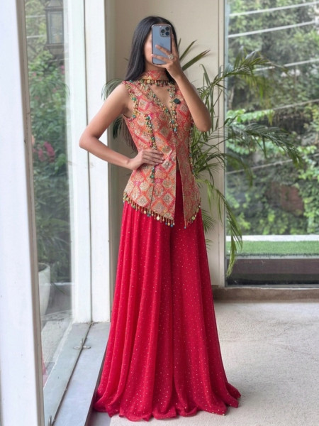Jashn-e-Malhar Red Brocade Silk Indo-Western Palazzo Set