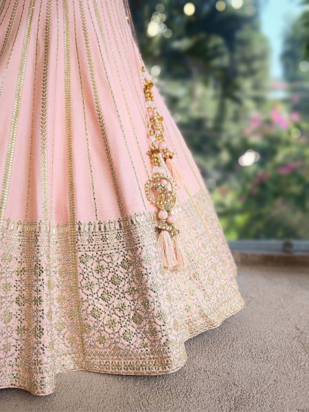 Noor-e-Gulab Peach Silk Lehenga with Gota Patti Zari Sequin Work