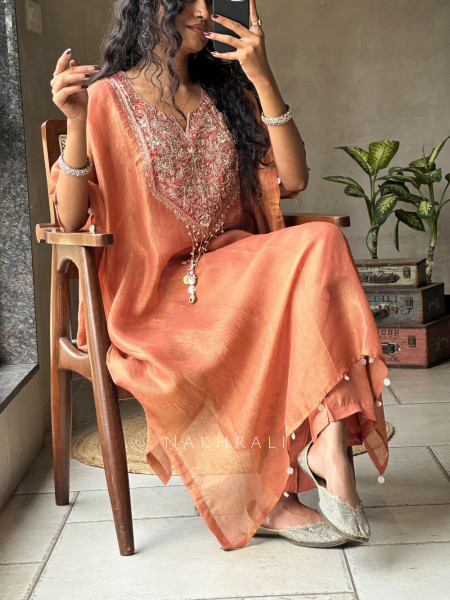 Riyana Orange Kaftan Set with Heavy Embroidered Neckline