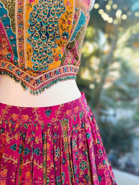 Gulnaar-e-Ishq Peacock Print Halter Neck Lehenga Set