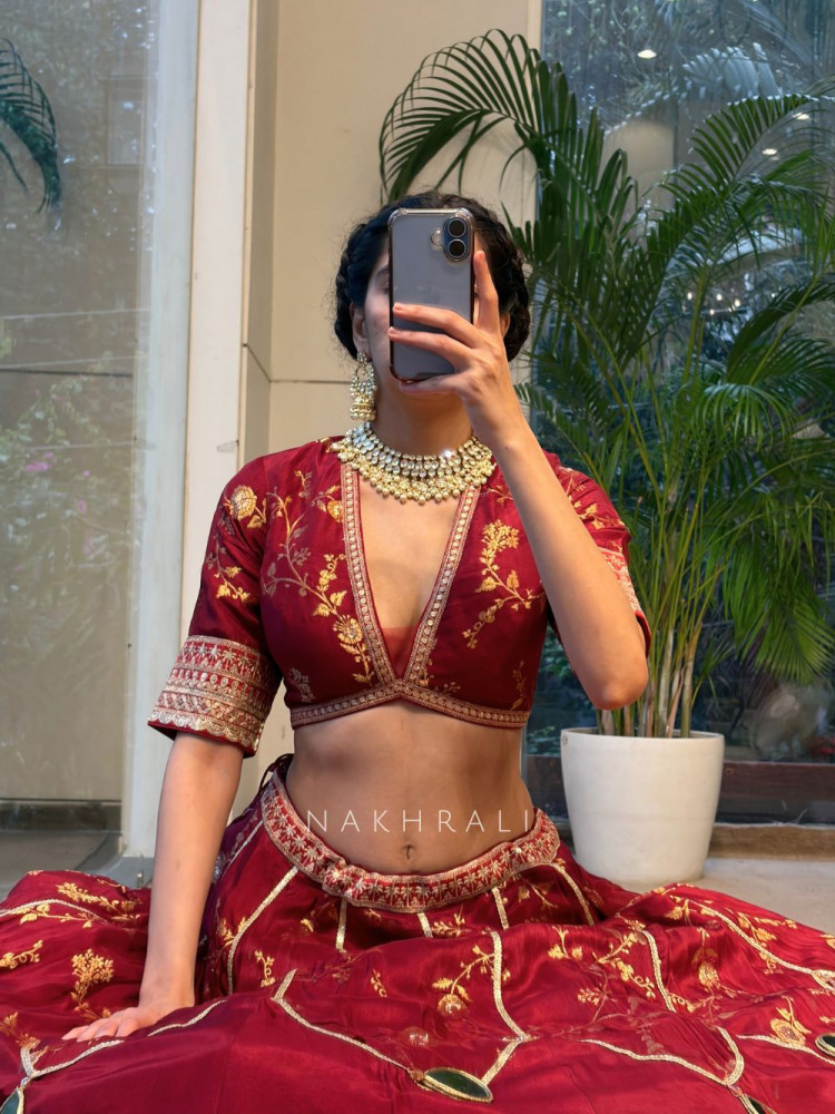 Image of Orvian Maroon Lehenga Set with Floral Weave Sequin Border Work