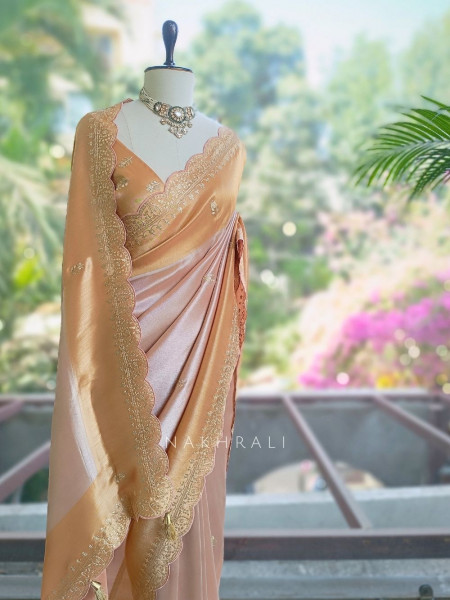 Skylight Peach Zari Weaved Saree with Embroidered Border