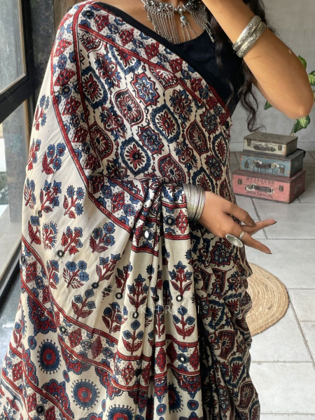 Prabha Cream Modal Saree with Ajrakh Print