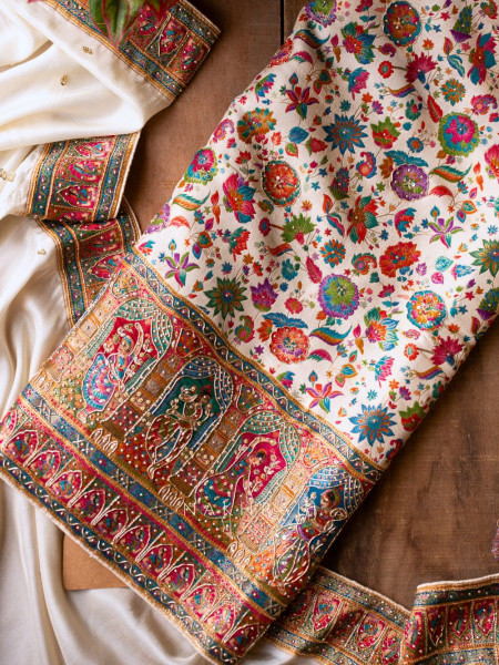 Noorani Cream Dola Silk Dress Material Set with Dabka & Bead Work